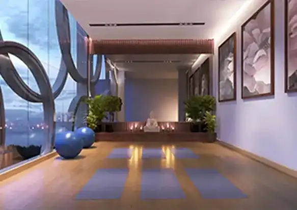 Elegant living room with blue ottoman